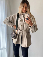 Veste Manteau Femmes à Col Revers avec Manches Longues Ceinturé à Lacets avec Poches Unicolore Courte