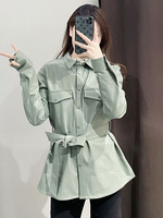 Veste Manteau Femmes à Col Revers avec Manches Longues Ceinturé à Lacets Unicolore Courte