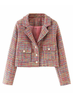 Veste Manteau Femmes Carreaux avec Col Revers et Poches Taille Haute Courte avec Manches Longues