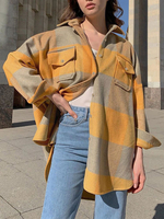 Veste Manteau Femmes Chemisier Décontracté Carreaux à Col Revers avec Manches Longues Bicolores avec Poches