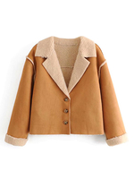 Veste Manteau Femmes Courte à Cuir Synthétique en Crôute Cousu en Fausse Fourrure à Col Revers avec Boutons et Manches Longue Bicolores
