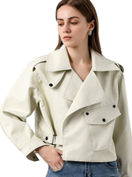 Veste Manteau Femmes Courtes à Cuir Synthétique à Col Revers avec Manches Longues Fermeture à Zip Unicolore