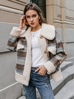 Veste Manteau Femmes Hiver Teddy à Fausse Fourrure Synthétique à Col Revers avec Boutons Bicolores