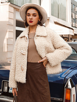 Veste Manteau Teddy Femmes Hivers à Fausse Fourrure Synthétique à Col Revers Court Taille Haute avec Manches Longues Unicolore