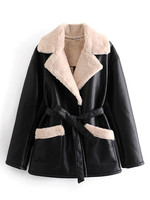 Veste Manteaux à Col Revers avec Manches Longues avec Poches Bicolores à Cuir Synthétique Cousu Fausse Fourrure