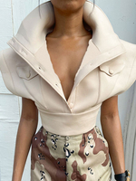 Veste Taille Haute Femme à Col Montant à Zip avec Manches Courtes Unicolore Veste Femme