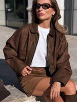 Veste vintage en similicuir à col rabattu pour femme 2026