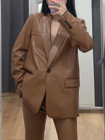 Vestes Blazer Femmes à Cuir Synthétique Vernis à Col Revers avec Manches Longues avec Poches Unicolore