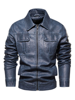 Vestes en cuir pour hommes Zipper Cuir PU Épaissir Moto Mode Layered Bleu éblouissant