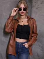 Vestes en Cuir Synthétique Courtes Femmes à Col Revers avec Manches Longues Fermeture avec Boutons Unicolore