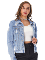 Vestes en Denim Courtes Déchirées Femmes à Col Revers avec Manches Longues avec Poches Bicolores