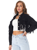 Vestes en Denim Déchirées avec Franges Taille Haute Femmes à Col Revers avec Manches Longues Unicolore