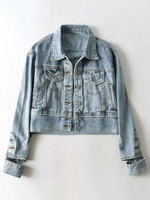 Vestes en Denim Taile Haute Femmes à Col Revers avec Manches Longues avec Poches Unicolore