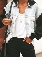 Vestes en jean pour femmes Veste courte à capuche noire à manches longues et boutons sur le devant