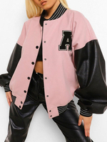 Vestes Femme Col Bijou Manches Longues Bicolore Surdimensionné Bouton Avant Casual Street Wear Veste De Baseball Rose