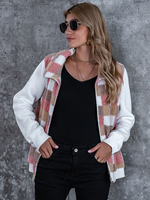 Vestes Femmes Courtes Imprimés Carreaux à Col Montant à Zip avec Manches Longues Tricolores