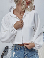Vestes pour femmes à capuche Zipper manches bouffantes Veste courte décontractée blanche pour femmes