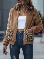 Vestes pour femmes Col rabattu Imprimé léopard Zipper Casual Zipper Street Wear Veste kaki pour les femmes